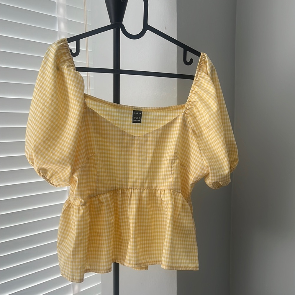 Peplum Yellow Checkered Puff Sleeve Blouse